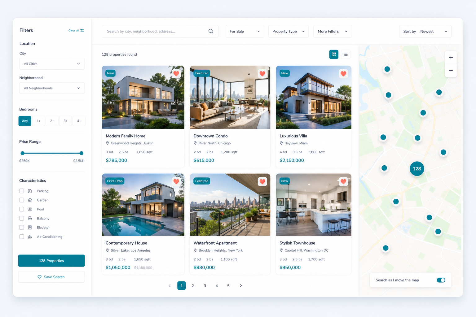Tela de busca e listagem de imóveis com filtros, cards e mapa